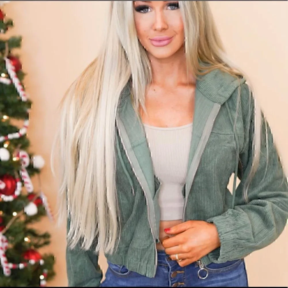 MADE With Love Olive Green Corduroy Cropped Hoodie Jacket